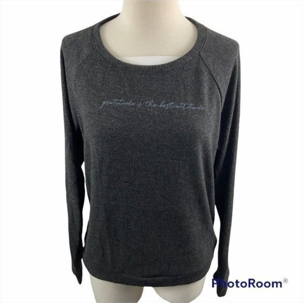NWOT THE PROJECT SOCIAL T Grey Crew Neck "Gratitude Is The Best Attitude" Long S
